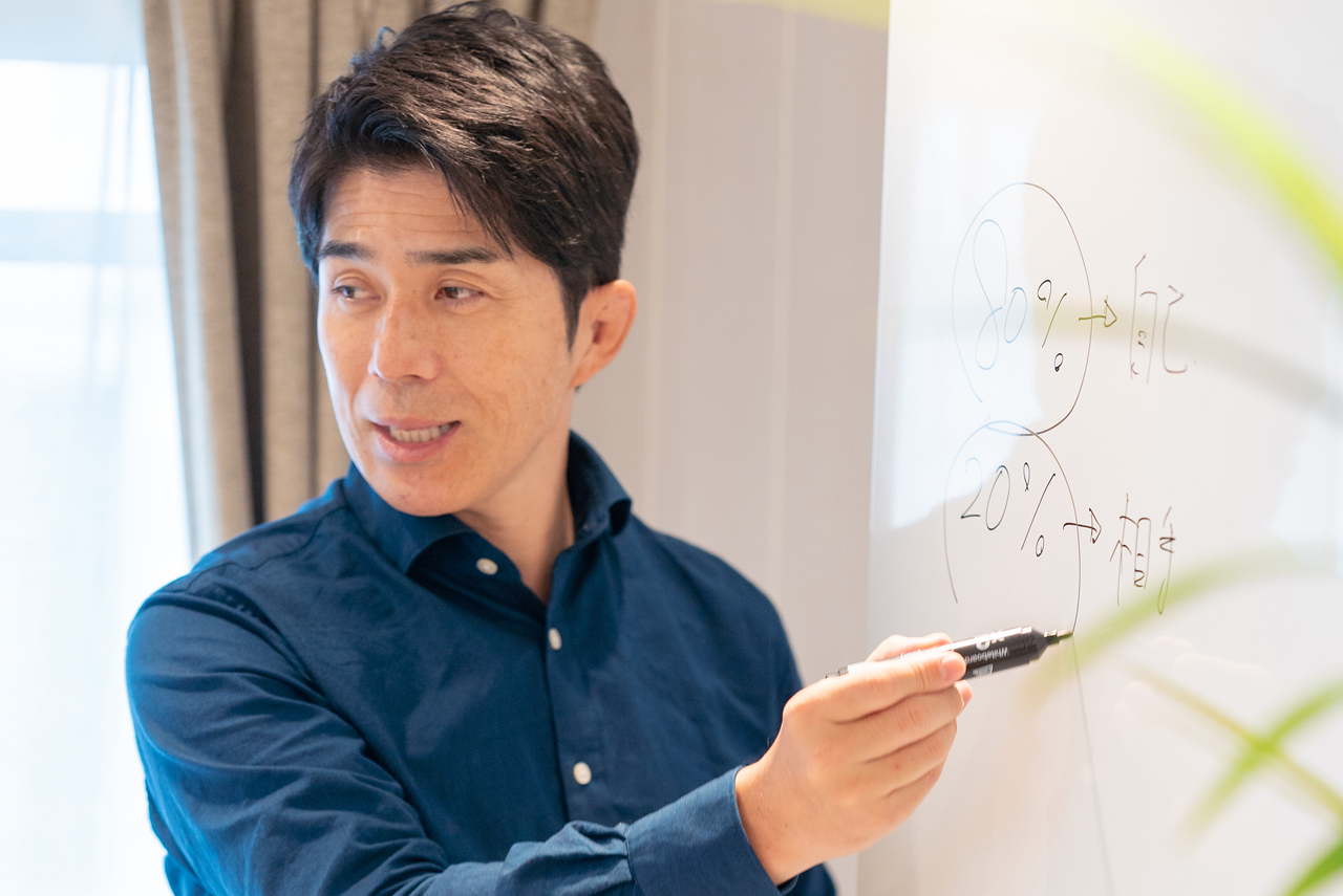 鈴木盛登が経営の考え方をホワイトボードで解説する様子